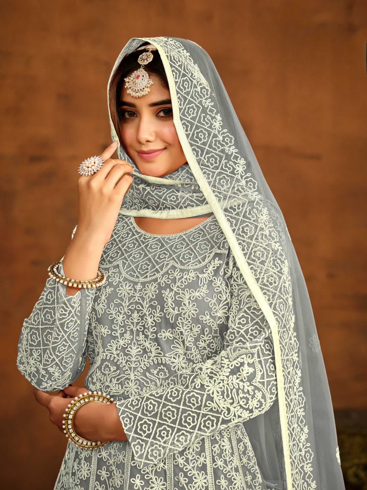 Anaita Grey Embroidered Net Anarkali Suit - Distacart