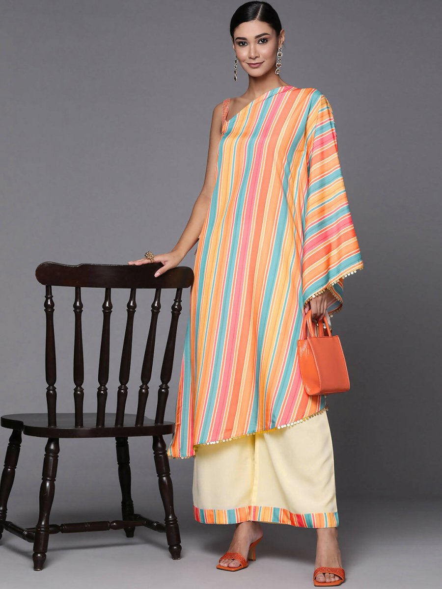 Ahalyaa Peach-Coloured & Blue Printed Striped Asymmetric Taselled Kaftan Kurta Palazzos - Distacart