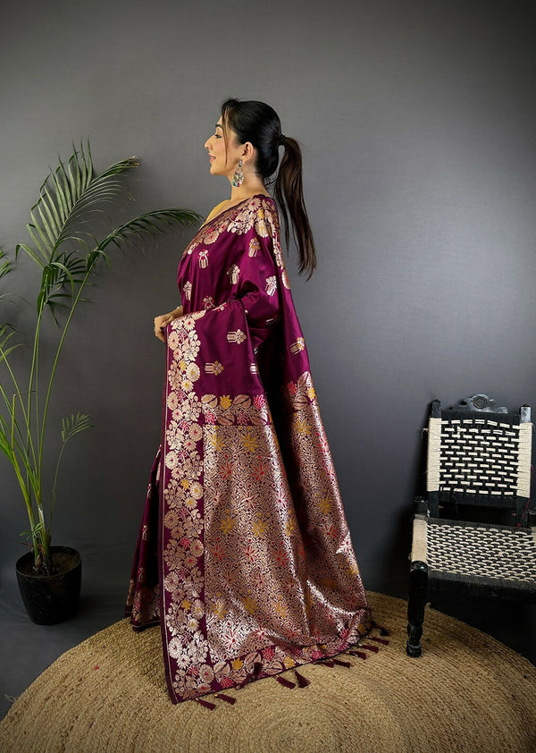 Joban Fashion Meenakari Maroon Woven Soft Silk Saree