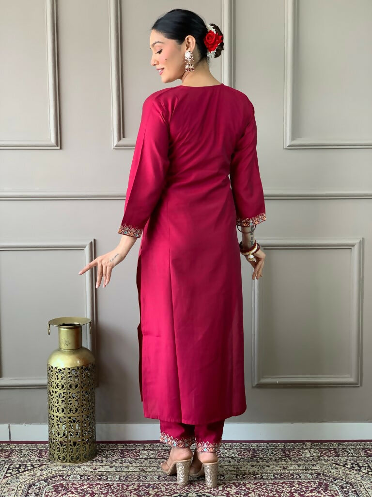 Partywear Designer Viscos Chanderi Maroon Stitched Suit With Dupatta - Tanisha - Distacart