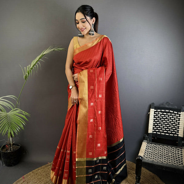 Joban Fashion Red Bhagalpuri Cotton Silk Stripes/Box Saree