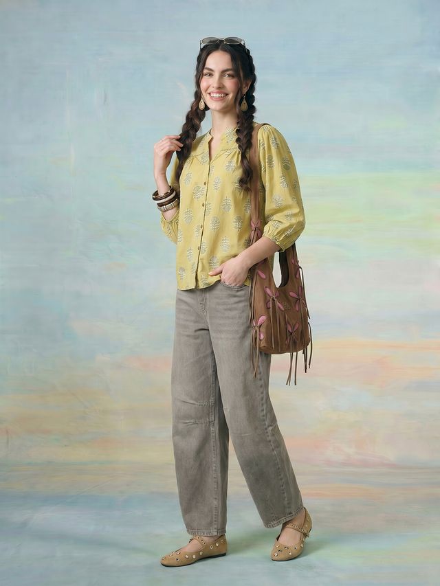 Janasya Lime Green Shirt Cotton Top - Dista
