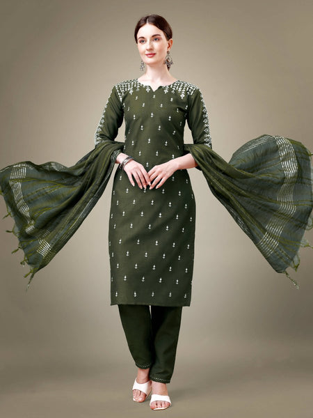 Aastha Fashion Women's Dark Green Cotton Blend Embroidery & Sequence Work Kurta with Trouser & Dupatta - Distacart