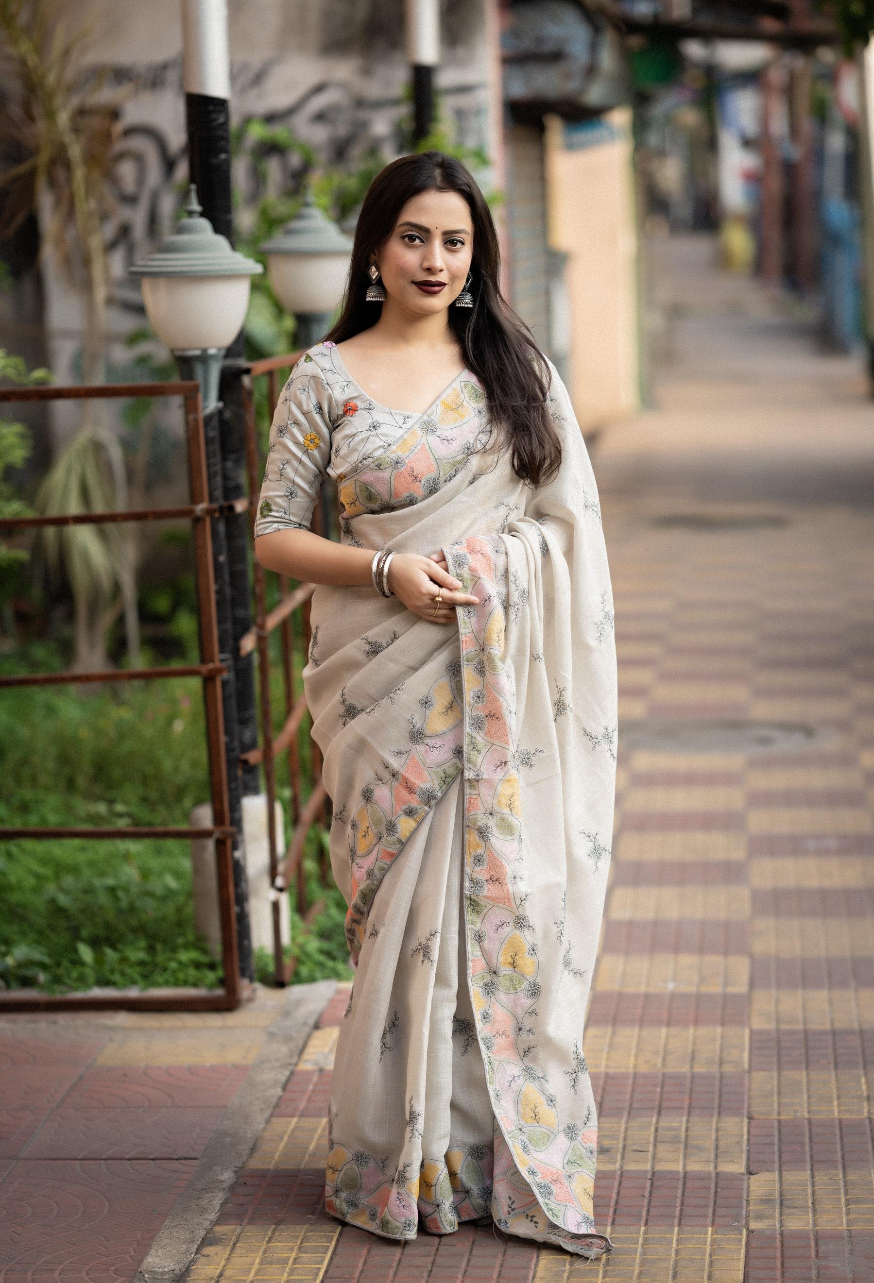 Grey Pure Linen Ethnic Motifs Saree with Unstitched Blouse - A2M