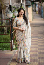 Thumbnail for Grey Pure Linen Ethnic Motifs Saree with Unstitched Blouse - A2M