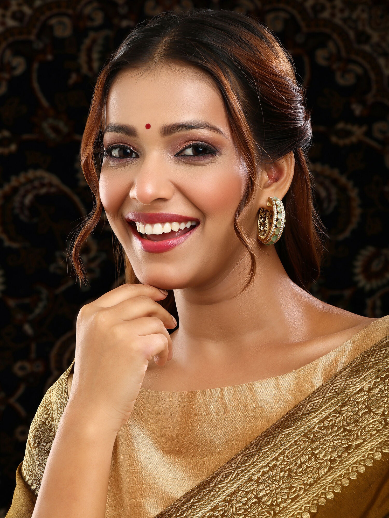 Ruby Raang Gold Polished Green Round Kundan Loops - Dista