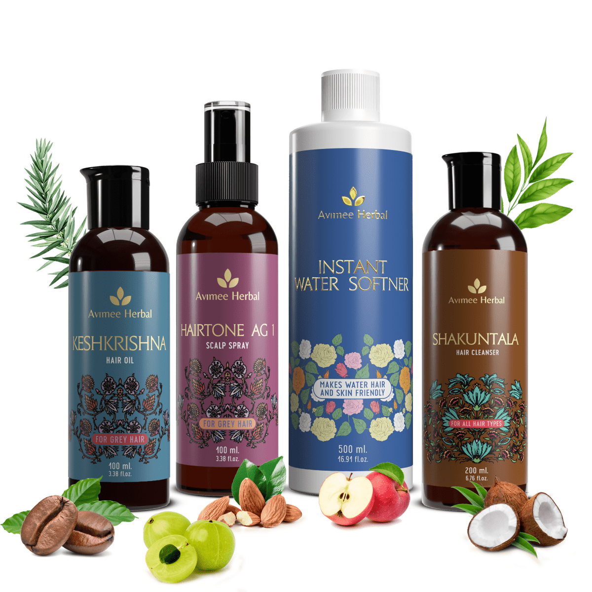 Avimee Herbal Anti Grey Hair Kit With Shakuntala Hair Cleanser & Instant Water Softener, Fights Grey Hair, With Amla, Curry Leaf and Henna Oil - Distacart