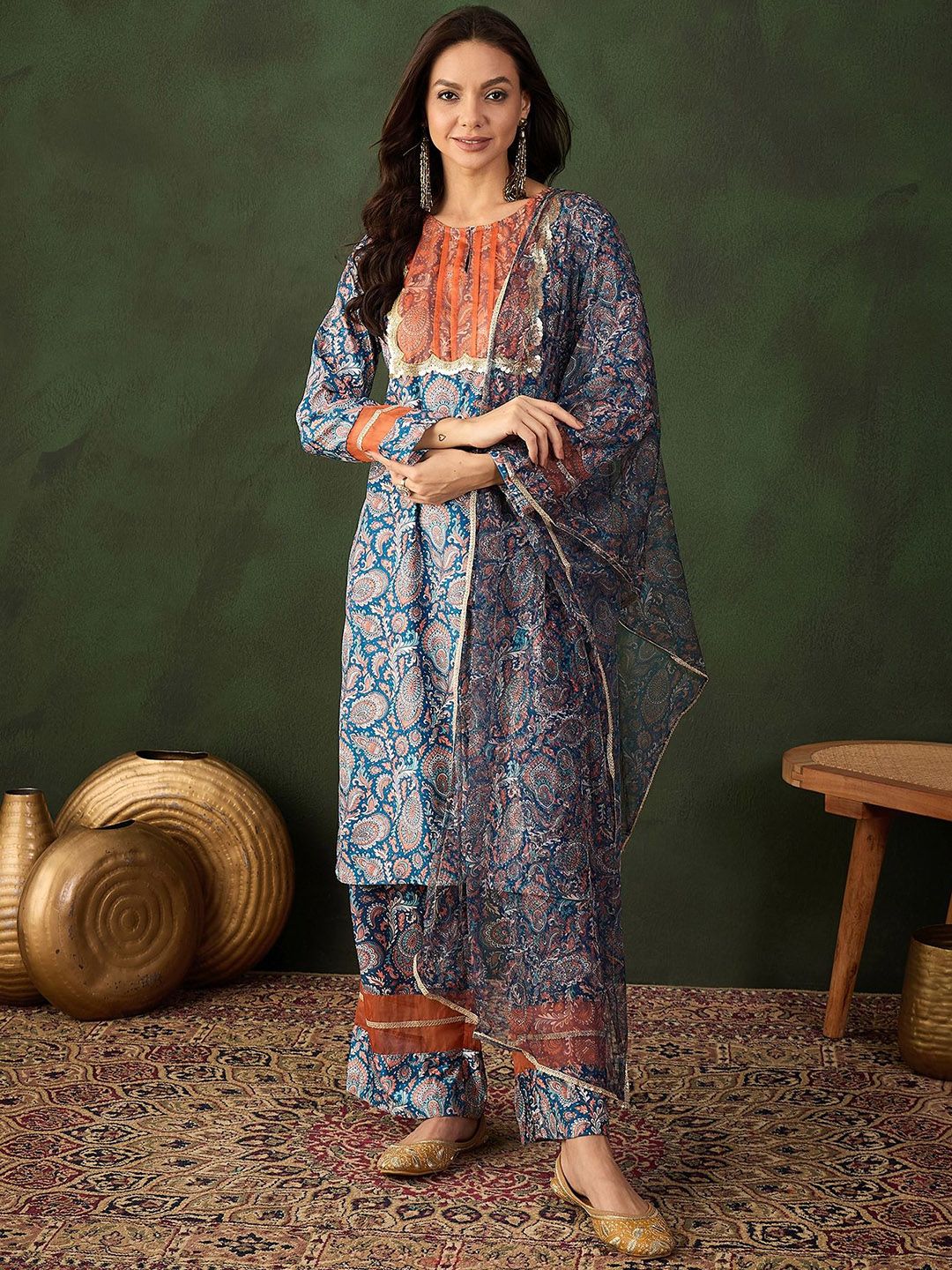 Sangria Printed Kurta & Palazzo With Dupatta