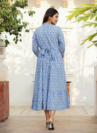 Thumbnail for Kaajh Women's Blue Floral Handblock Print Cotton Dress - Distacart
