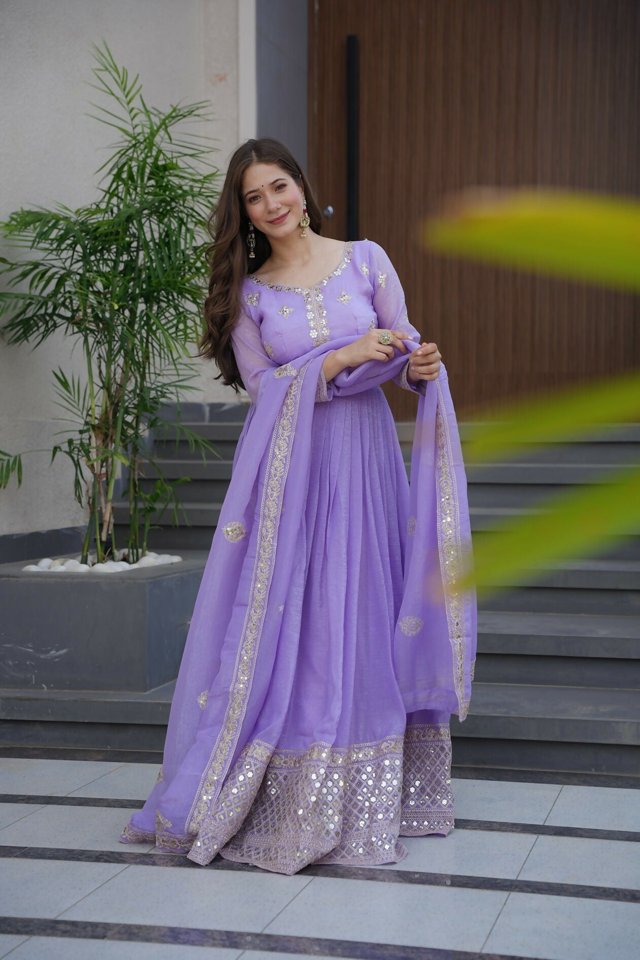 Teeya Creation Lavender Color Crunchy Silk Wedding Wear Embroidery Work Long Gown