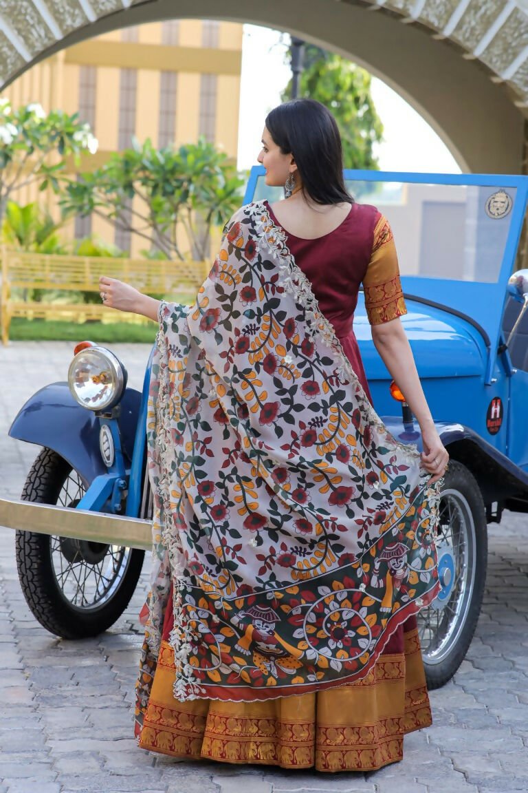 Aastha Fashion Women's Maroon Silk Jacquard Woven with Embroidery Anarkali Dress with Dupatta - Distacart