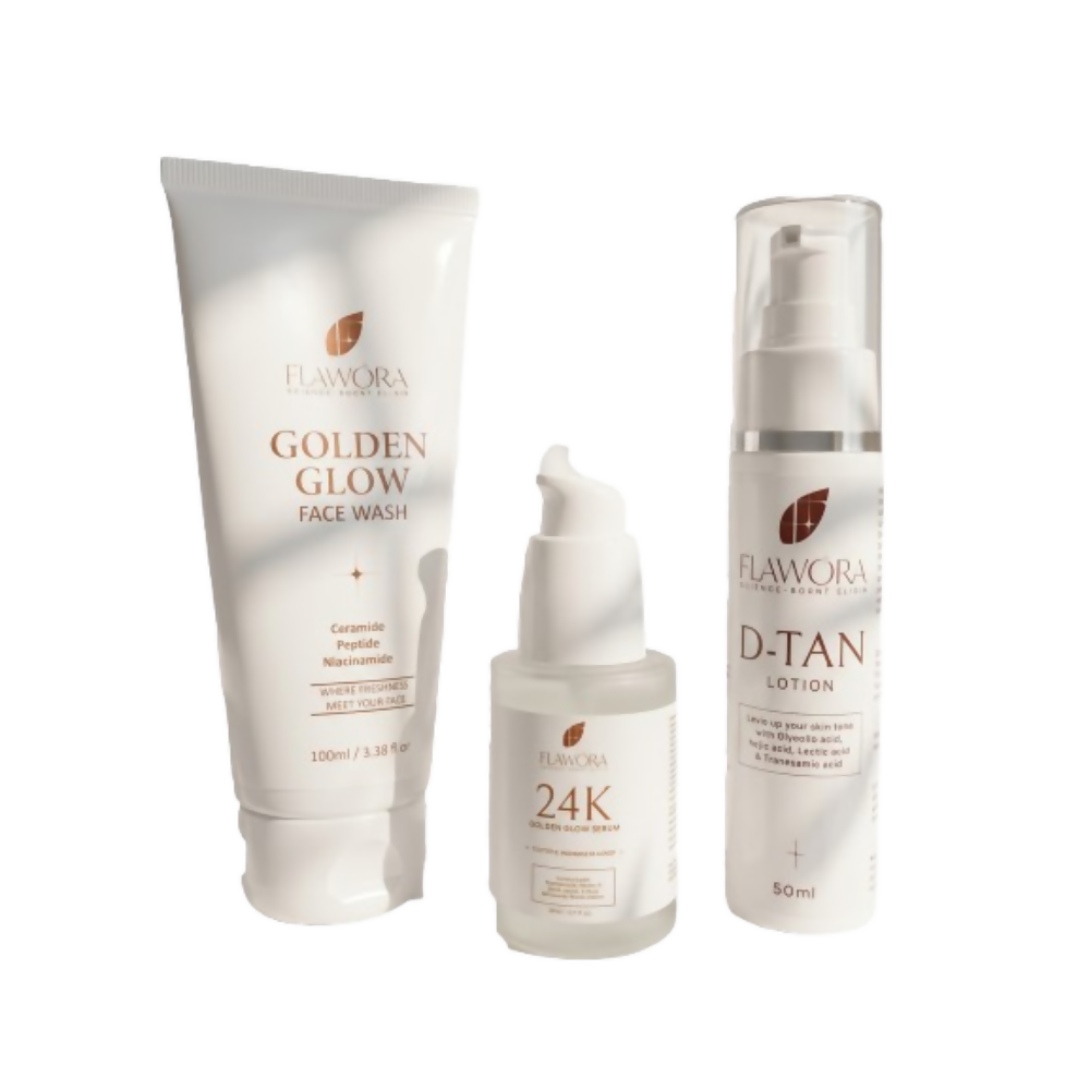 Flawora Set of Golden Glow Face Wash, D-Tan Lotion and 24k Golden Glow Face Serum - Dista