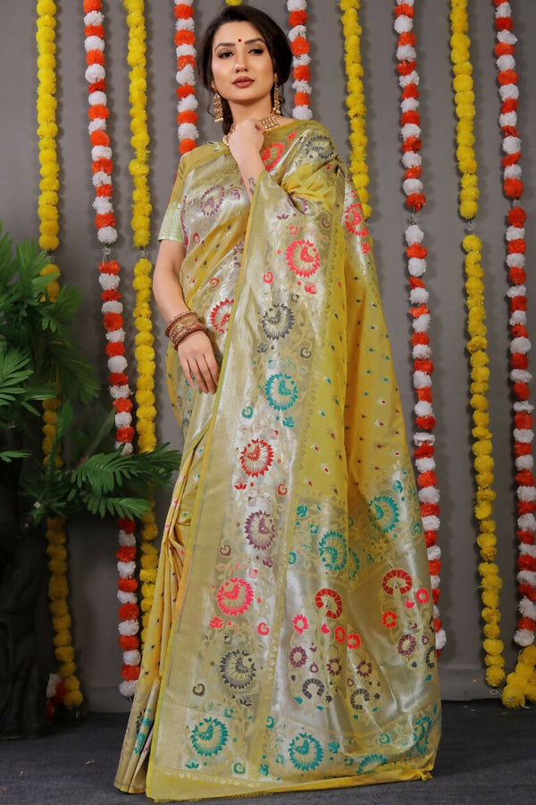 Jyoti Fashion Women's Mehndi Banarasi Silk Zari Woven Saree with Blouse - Distacart