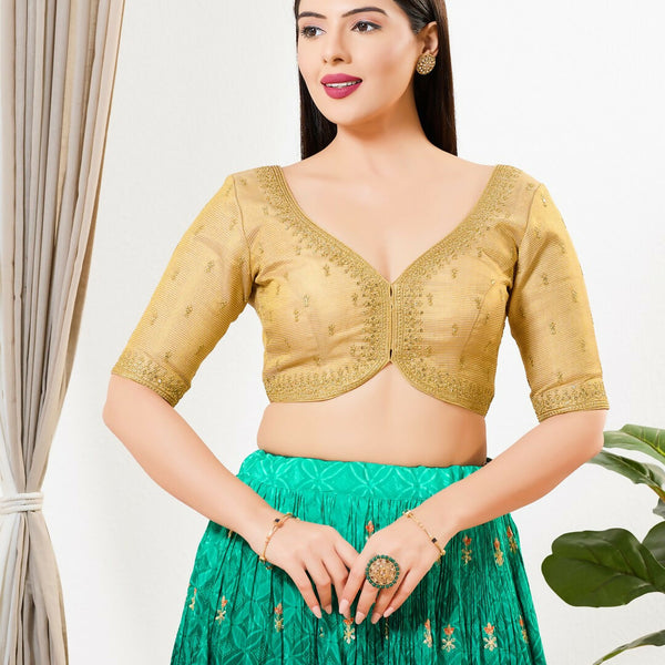 Joban Fashion Gold Tissue Padded Blouse With Sweetheart Neck Elbow Sleeves - Distacart