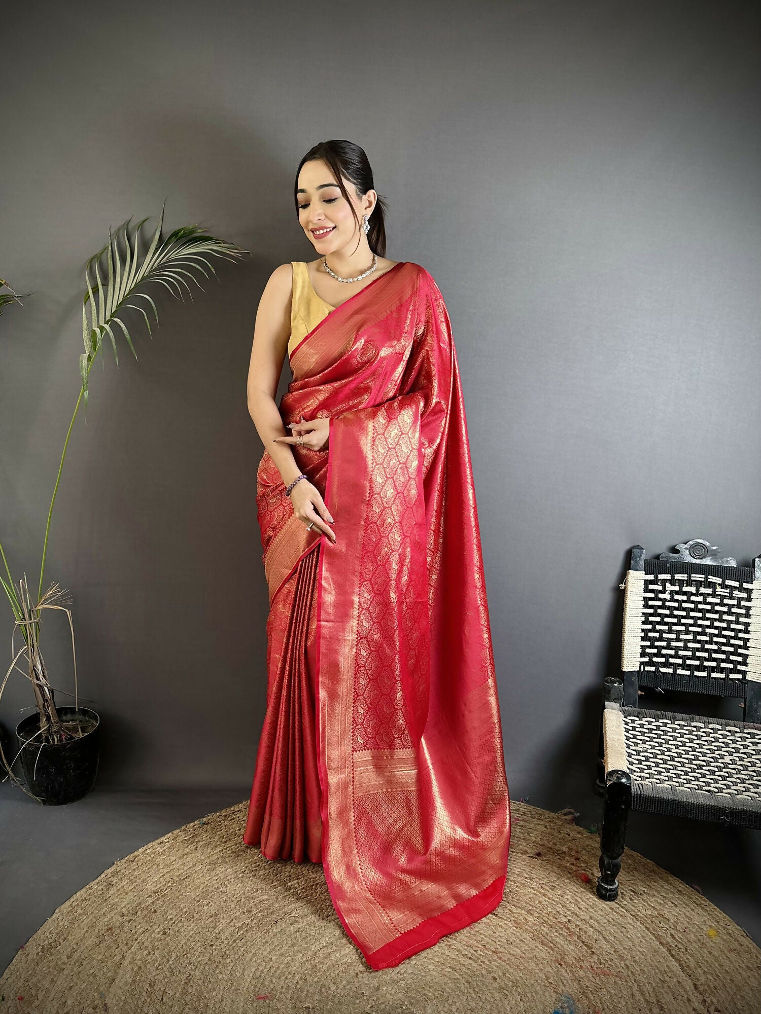 Joban Fashion Red Paisley & Floral Soft Satin Silk Banarasi Silk Saree