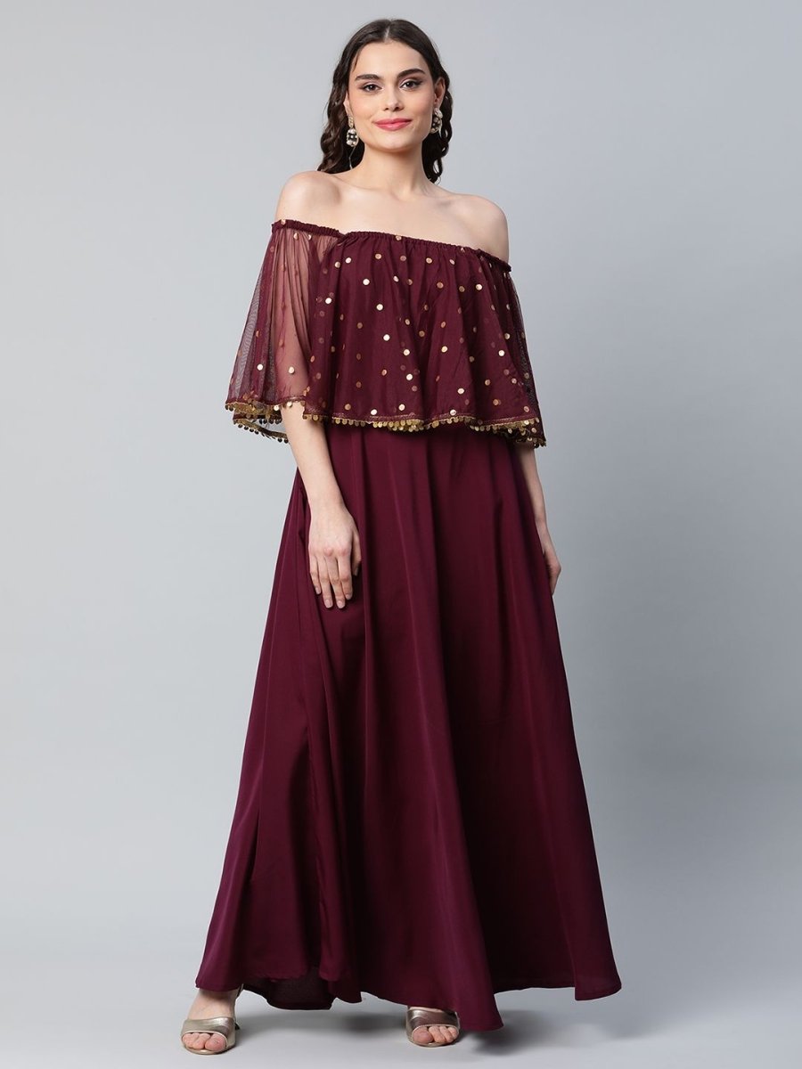 Ahalyaa Women Wine Colour Crepe & Net Gold Printed Dress - Distacart
