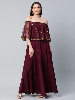 Ahalyaa Women Wine Colour Crepe & Net Gold Printed Dress - Distacart