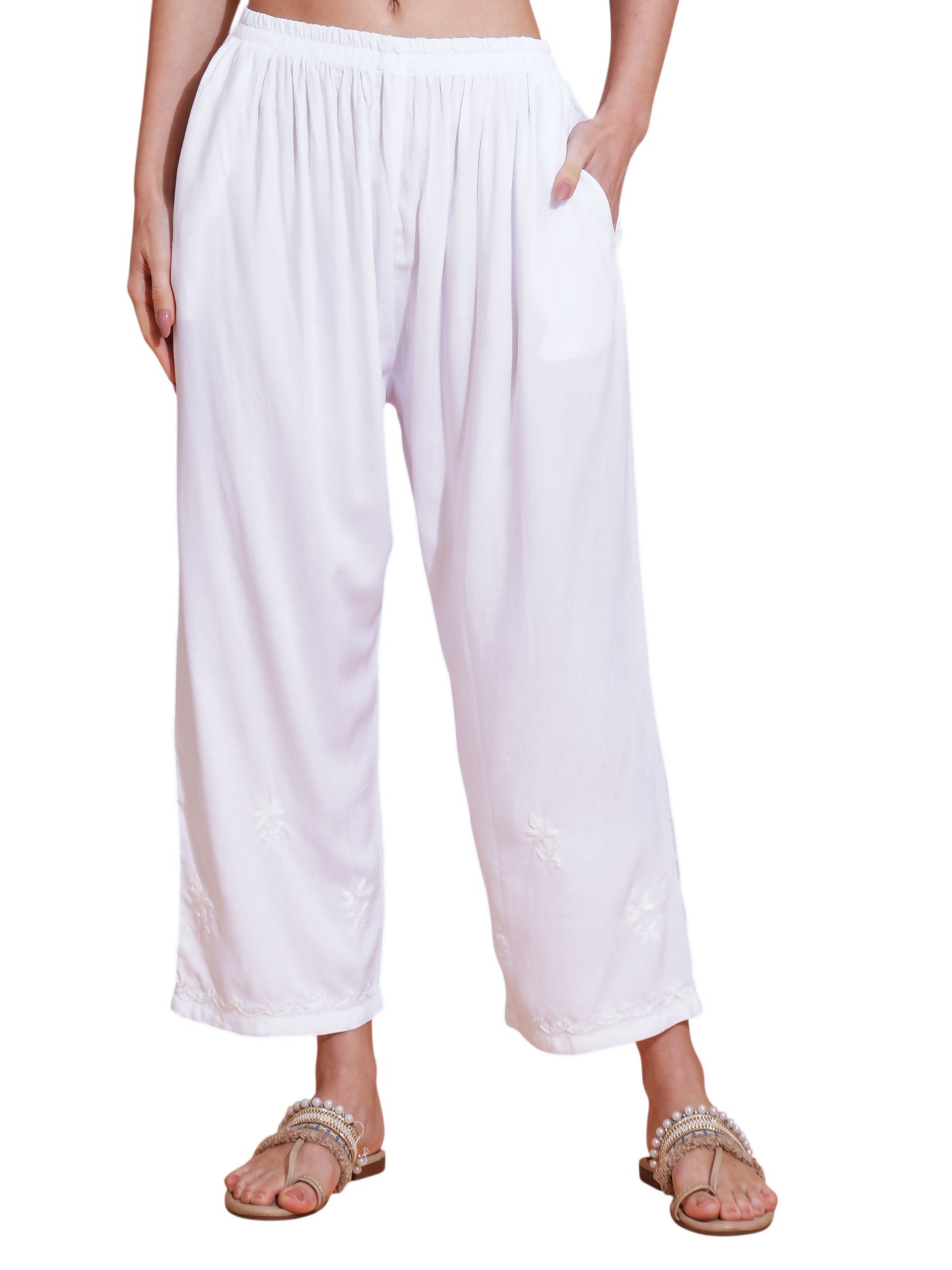 Pahnaz Luxury Rayon Chikankari Handwork Palazzo-White - Dista