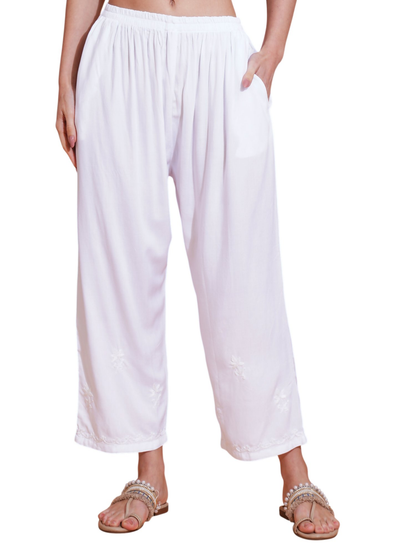 Pahnaz Luxury Rayon Chikankari Handwork Palazzo-White - Dista