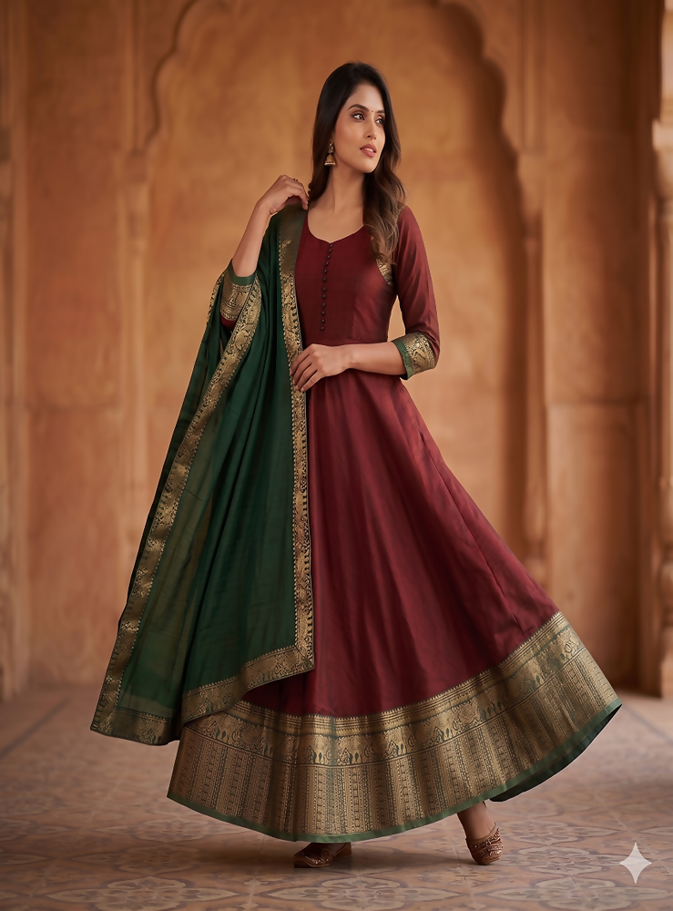 Teeya Creation Royal Maroon Anarkali Gown with Zari Border Dupatta for Women - Dista
