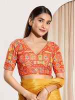 Thumbnail for Joban Fashion Orange Viscose Rayon Padded Blouse With V Neck Elbow Sleeves - Distacart