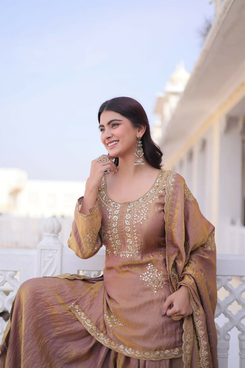 Teeya Creation Womens New Stylish Fendi Crush With Zari Sequins Embroidered Work Kurta Set - Dista