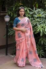 Thumbnail for Brick Pure Linen Ethnic Motifs Saree with Unstitched Blouse - Hiral Fashion - Distacart