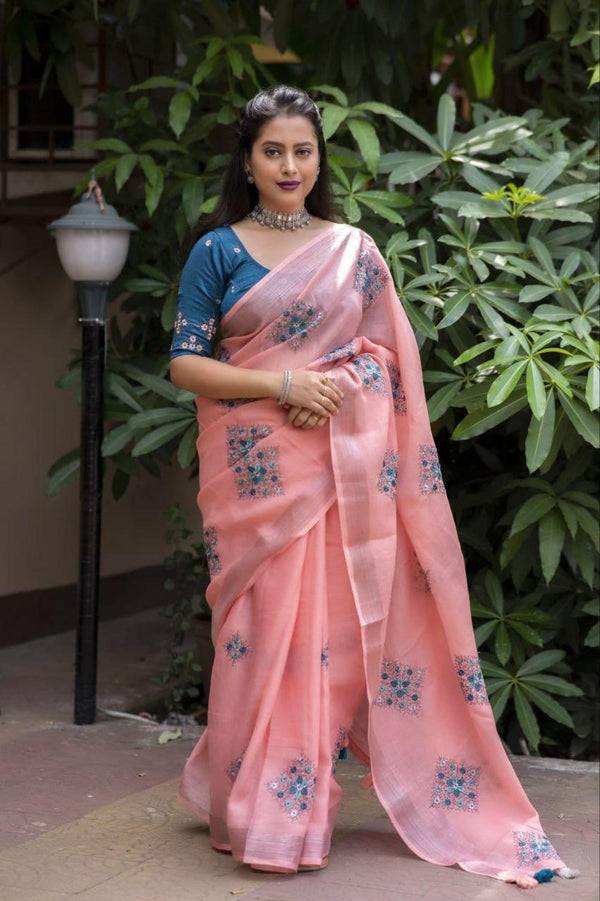Brick Pure Linen Ethnic Motifs Saree with Unstitched Blouse - Hiral Fashion - Distacart