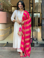Thumbnail for The52 White Women's Gorgeous Embroidered Work Chanderi Fabric Flared Kurta Pant and Dupatta Set - Distacart