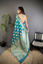 Thumbnail for Joban Fashion Teal Ethnic Floral Motifs Soft Lichi Silk Banarasi Saree - Distacart