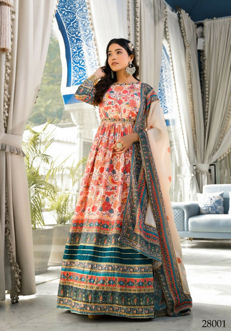 Wedding Designer Multi Soft Dola Silk Anarkali suit with Dupatta - Sanj - Distacart
