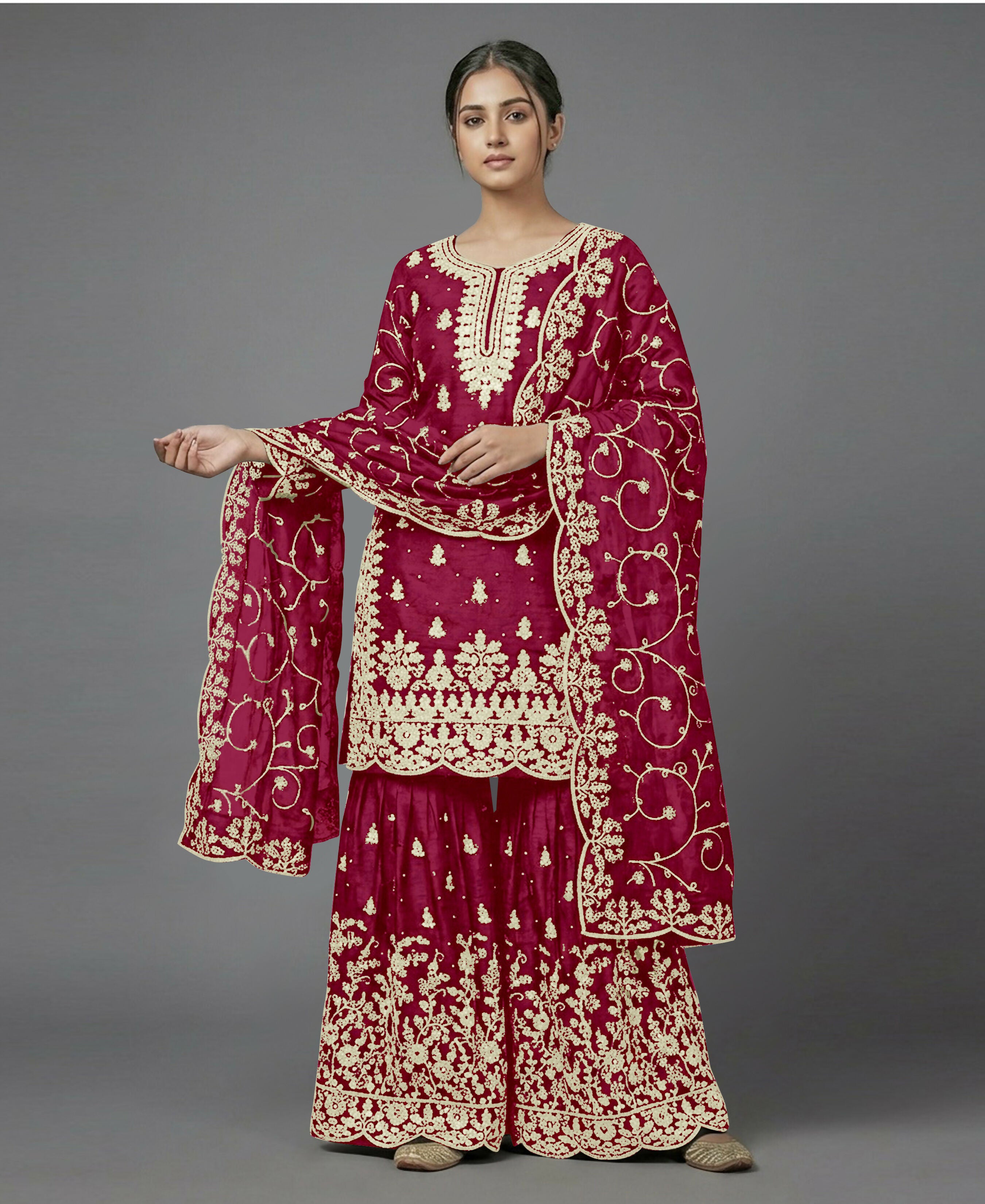 Teeya Creation Womens New Trendy Pure Gmy Silk With Heavy Embroidery Sequence Work Red Kurta Set - Dista