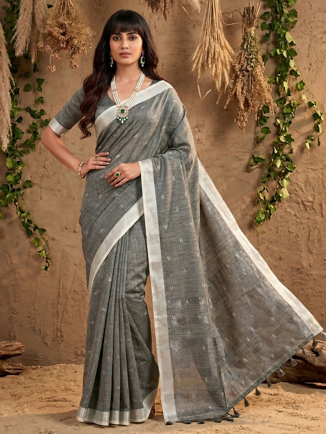 Shree Shyam Fashion Gray Linen Cotton Saree - Distacart