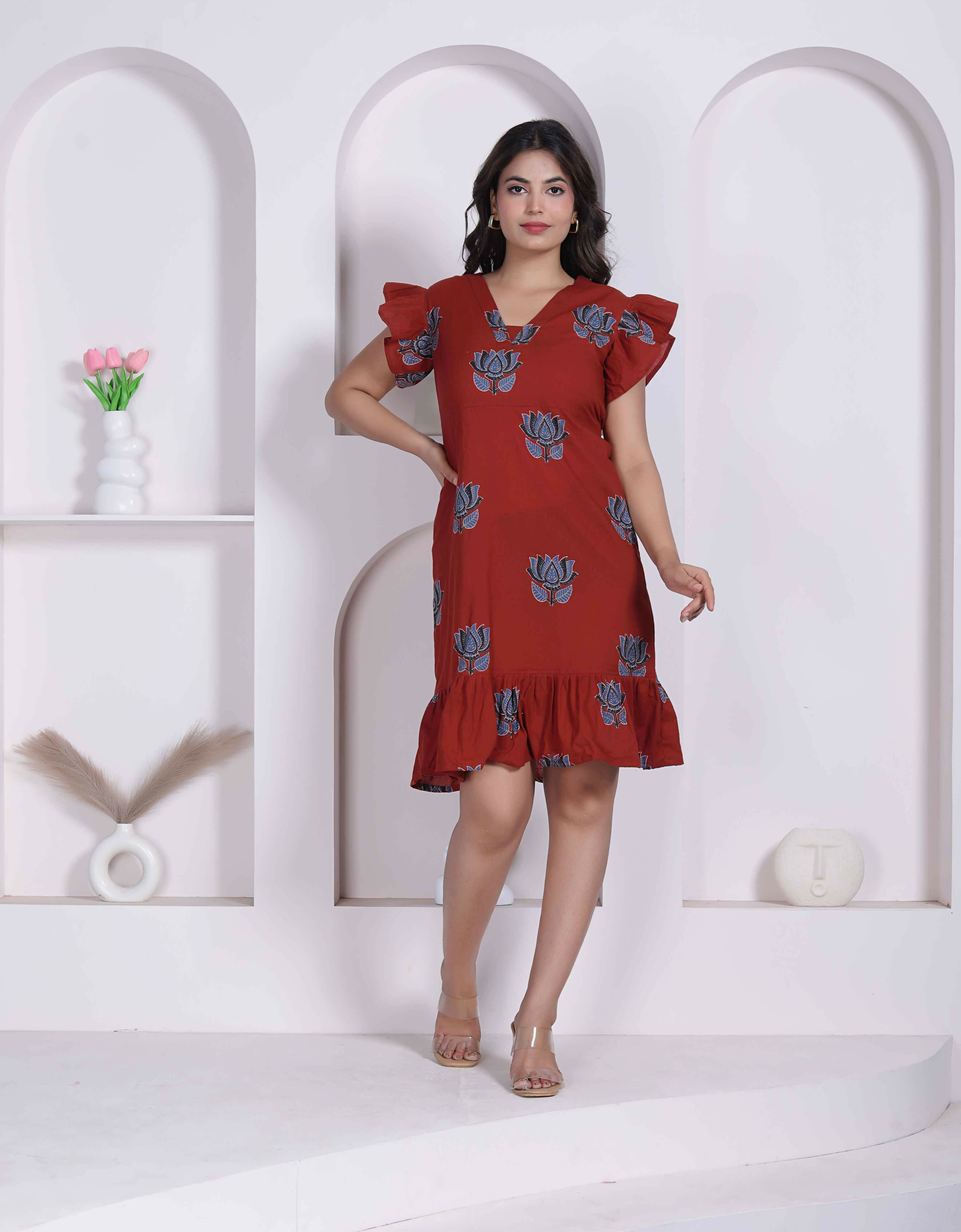 Miravan Women Empire Waist Rust Mini Length Dress - Dista
