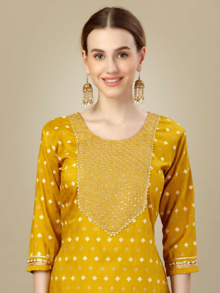 Jyoti Fashion Women's Golden Silk Blend Embroidery & Sequence work Kurta with Trouser & Dupatta - Distacart