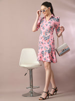 Thumbnail for Myshka Women's Pink Printed Shirt Collar Fit and Flare Party Dress - Distacart