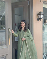 Thumbnail for Preksha Creation Women Designer Wear Trending Roman Silk Top With Lace Work With Pant With Dupatta - Light Green - Distacart