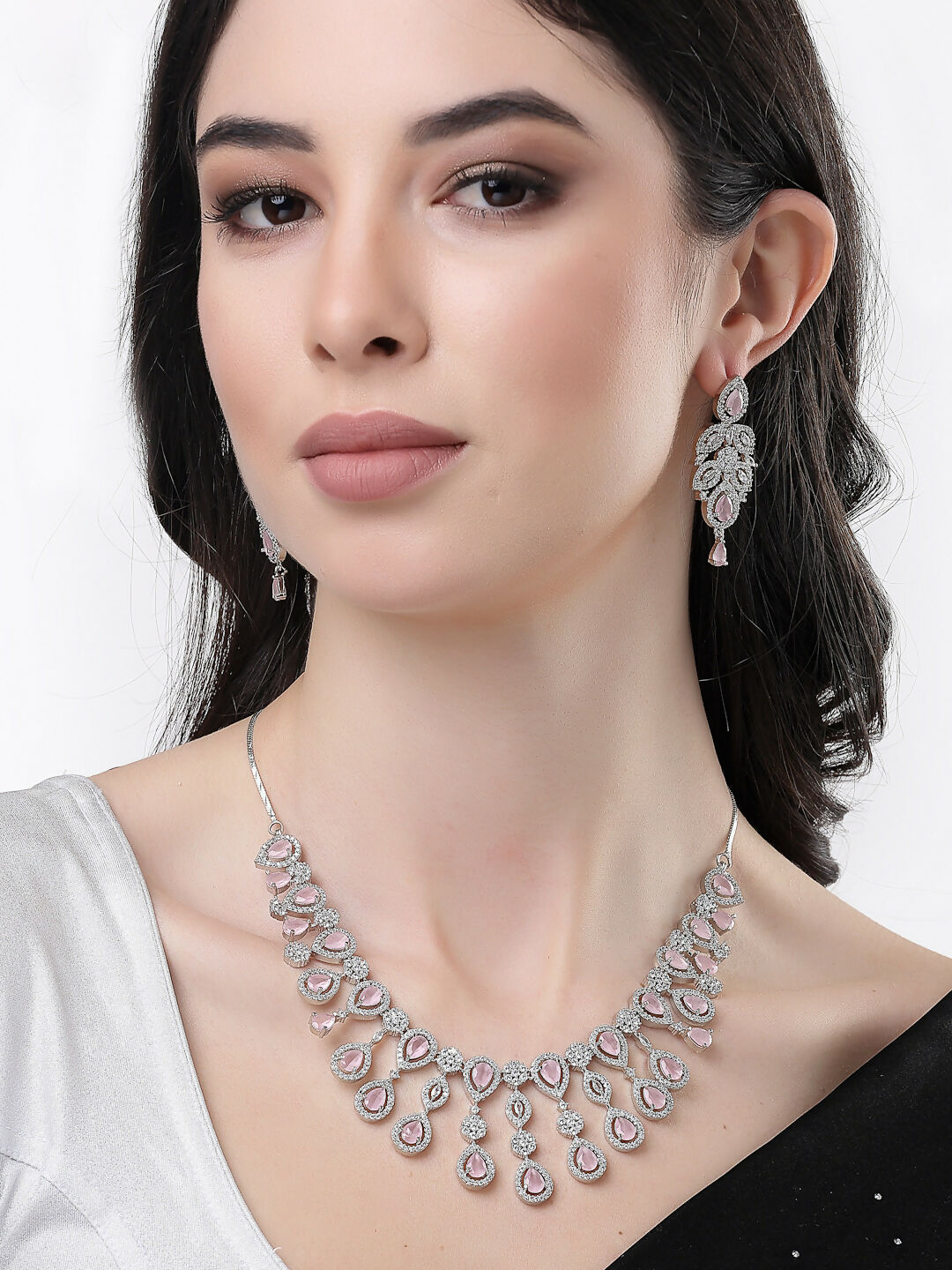NVR Women's silver plated & Pink CZ stone handcrafted jewellery set - Distacart