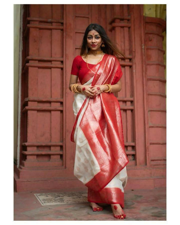 Preksha Creation Designer Women Banarasi Soft Silk Saree - White - Distacart