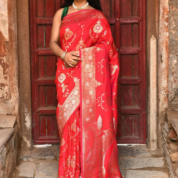 Joban Fashion Red Soft Pure Handloom Banarasi Silk Saree