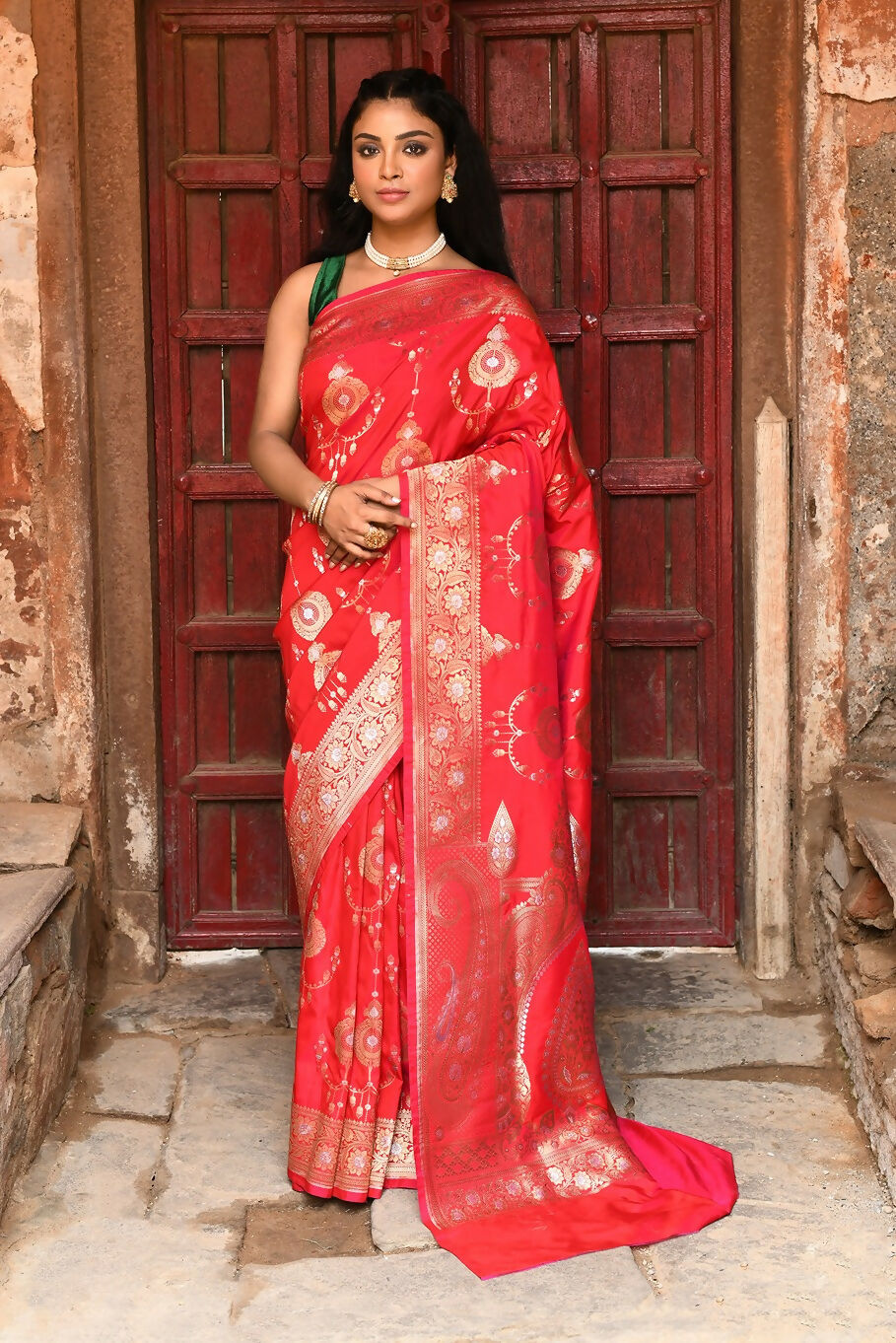 Joban Fashion Red Soft Pure Handloom Banarasi Silk Saree - Dista