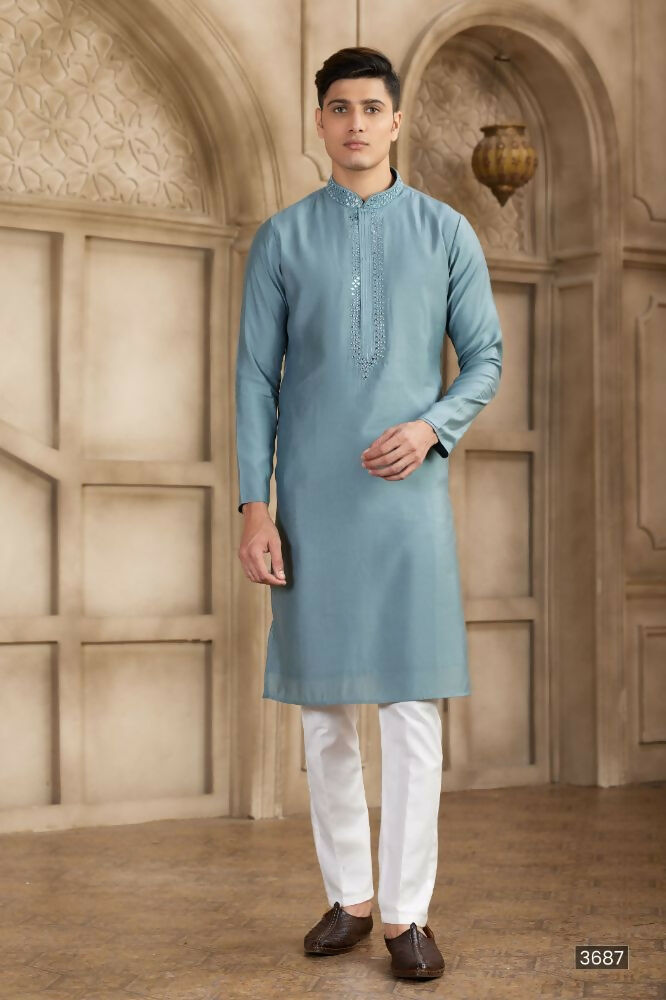 Raivat Ethnic Banarasi Art Silk Mirror Work Kurta Pajama In Grey Colour