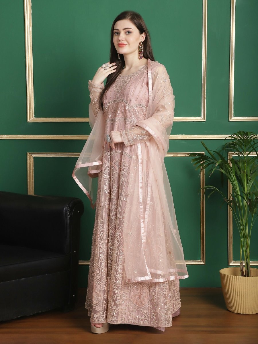Aastha Fashion Women's Peach Green Net Floral Cording with Sequin & Crystal work Anarkali Dress Set - Distacart
