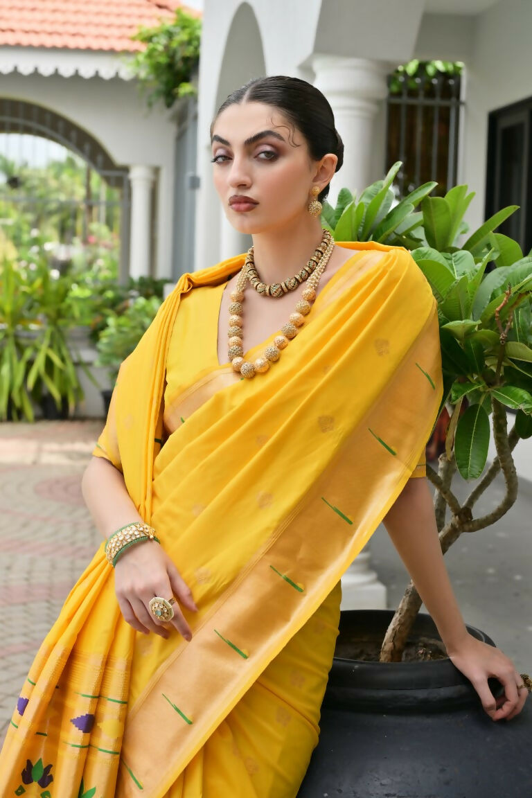 Vishnu Weaves Women's Yellow Paithani Silk Zari Woven Saree with Blouse