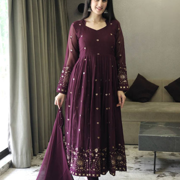 Yash Enterprise Maroon Anarkali Salwar Suit With Mirror And Gota Patti Work