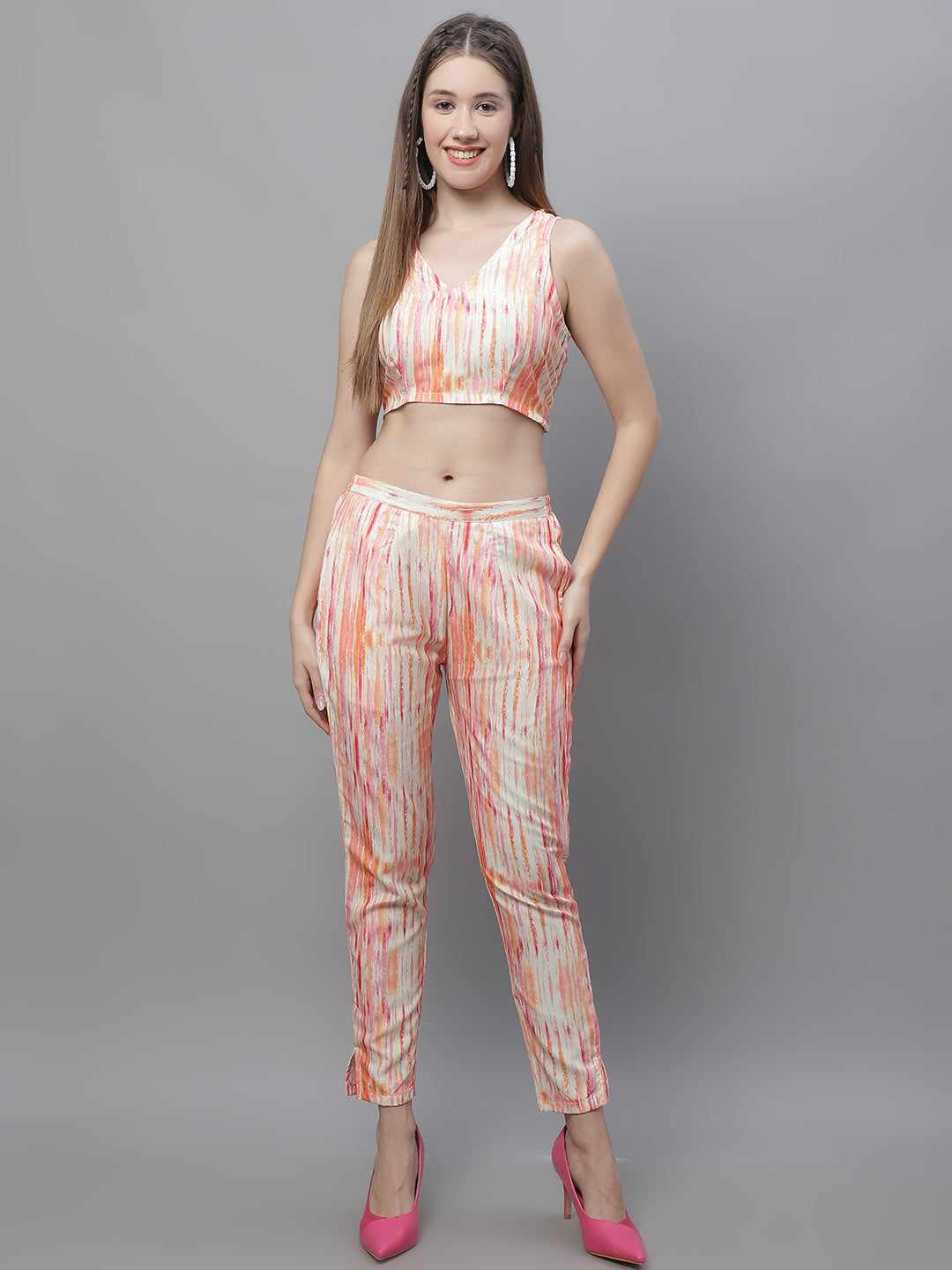 Jainish Women's WoDigital Printed Crop Top and Jacket Set - Orange - Distacart