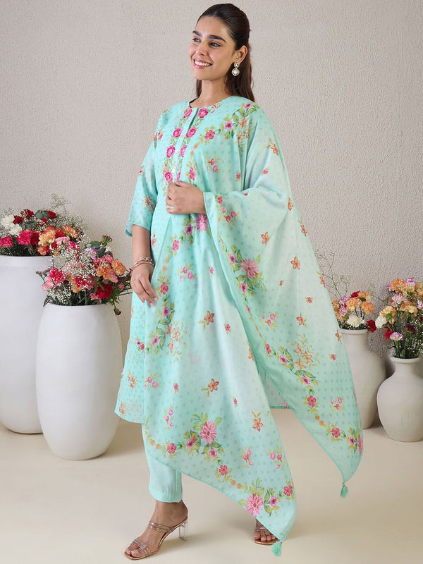 Indo Era Women Floral Embroidered Thread Work Linen Kurta with Trousers & With Dupatta