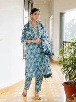 Thumbnail for Anouk Floral Embroidered Empire Thread Work Pure Cotton Kurta with Trousers & Dupatta