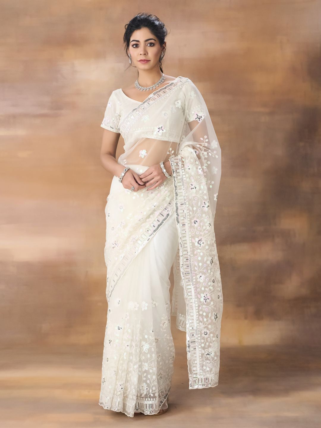 kasee Floral Embroidered Net Saree - Distacart