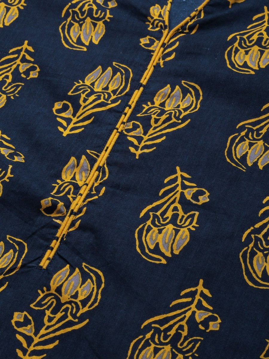 Anouk Women Navy Blue & Mustard Yellow Pure Cotton Floral Printed Kurta with Palazzos - Distacart
